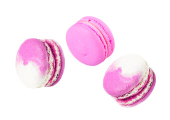 French pastry macarons three lilac pieces isolated on white background.
