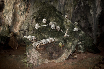 Skulls and bones exposed in the spectacular cave tomb of Lombok Parinding which has housed the dead of Tana Toraja since 700 years