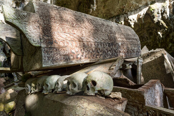 The spectacular cave tomb of Lombok Parinding which has housed the dead of Tana Toraja since 700...