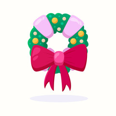Fototapeta premium Vector illustration of a Christmas wreath with New Year's yellow balls and a red bow. Christmas decoration isolated on white background