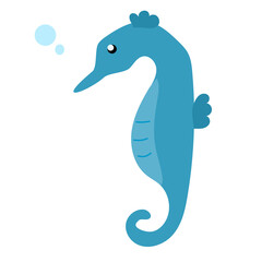 Blue seahorse on white background. Flat illustration for design, web, decoration, etc