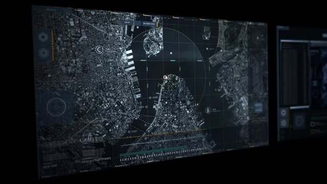 Intelligence Service Room. Satellite radar in NY. Spy Movie. Technology to Detect Object in Modern City. Drone. Manhattan island. Computer User Interface. Radar Detection. Modern Advanced Device.