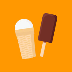 Chocolate popsicle and white ice cream in a glass on an orange background