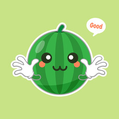 Cute and kawaii watermelon character emoticon . Summer fruit. Watermelon character emoji illustration. Healthy food funny mascot vector illustration in flat design.