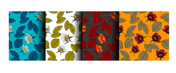 Obraz premium Set of seamless patterns with spring flowers and leaves, print for textiles, wrapping paper, wallpaper. Stock vector background. Romantic, summer floral ornament, holiday decoration
