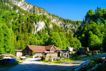 Old wooden sawmill house in front a forested mountain range near Neuschwanstein Castle, Bavaria, Germany. Stacked lumber and equipment is around the house.