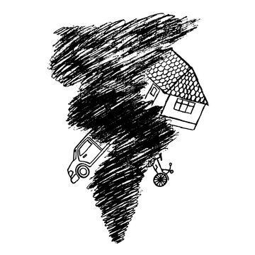 recommend clip art: Hurricane with house, car and rover in doodle style. Sketch. Hand Drawn.