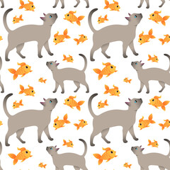Seamless pattern. Siamese cat asks for food. 