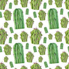 Cute hand drawn cacti. Watercolor seamless pattern. Green plant cactus. Design for fabric, wallpaper, covers