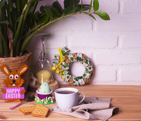 Easter coffee time. Easter eggs, Easter decor and coffee. space for text