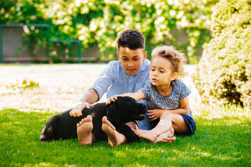 The little brother and sister caressing a black Labrador puppy