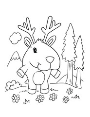 Cute Forest Deer Coloring Book Page Vector Illustration Art