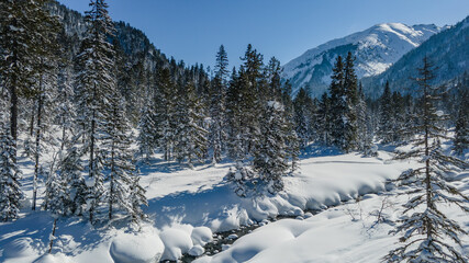 Winter Landscape with Evergreen Forest, Creek and Mountains under Snow. Aerial View