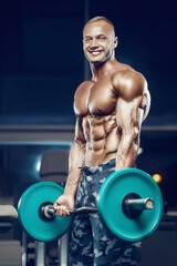 Fototapeta na wymiar fit man training arm muscles at gym.