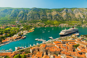 Colorful landscape with boats in marina bay, sea, mountains, blue sky