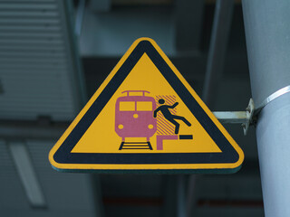 Photography. Sign at railway station. Be careful. Watch out for falling from platform onto tracks in front of moving train. Safe travel concept. Stay away from edge