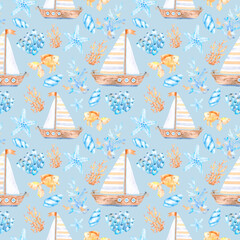 Watercolor marine pattern of colorful seashells,corals, fish, starfish and boats for design and decoration on blue. Great for cards, posters, coupons, baby products, decorative paper, and any design.