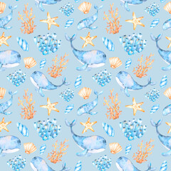 Watercolor marine pattern of multicolored seashells,starfish, multicolored corals and blue whales for design, decoration.Great for cards, posters,coupons,baby products,decorative paper and any design.