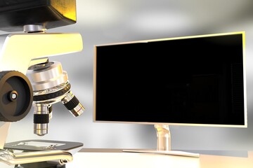 coronavirus research concept, object 3D illustration -  laboratory electronic microscope and monitor with blank space for your content on bokeh background