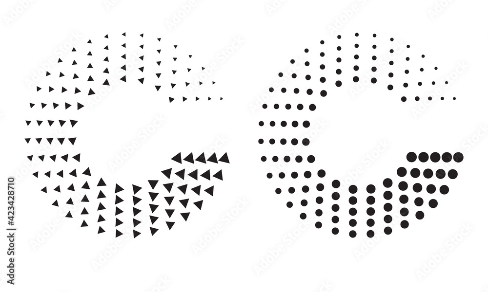 Leinwandbilder Halftone dots and triangles in circle form. Round logo or icon like letter C. Vector dotted frame as design element.