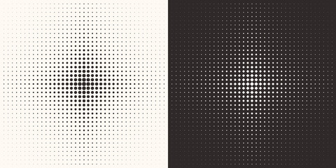 Two abstract halftone backgrounds with dots and rhombus. Black and white illustration.
