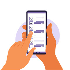Checklist on smartphone screen. Online survey concept. Hand holds mobile phone and check list with checkmark. Vector illustration. Flat