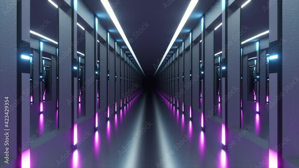 Wall mural sci-fi tunnel or spaceship corridor. the camera pans down a neon-lit corridor. future concept. 3d an