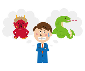 ポップな青いスーツのビジネスマン「鬼が出るか蛇が出るか」「鬼が住むか蛇が住むか」