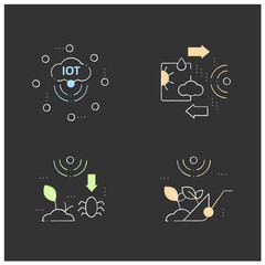 Smart farm chalk icons set. Consist of IoT sensors, harvesting, weather tracking,pests and weeds elimination.Agricultural innovation concepts.Isolated vector illustrations on chalkboard