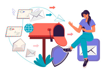 Mailing and Email marketing concept with woman getting and sending messages, flat vector illustration isolated on white background. Secure email service for sending private data in social network.