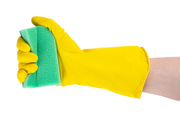 Cleaning concept - hand in a yellow rubber glove holds a green sponge