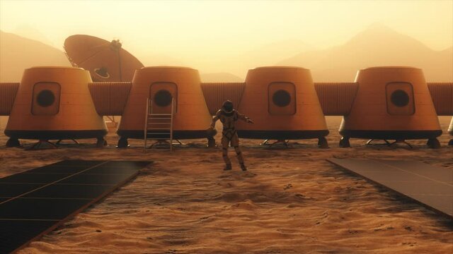 Astronaut on the planet Mars performing a dance at his base. Small dust storm. The satellite dish sends data to the ground. Realistic 3D animation