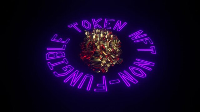 Non-fungible token concept illustration, rotating NFT neon text and fantasy digital cubic word, 3D rendering