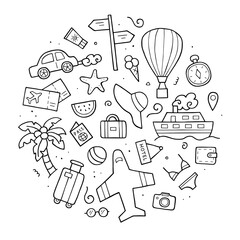 Hand drawn set of travel. Doodle sketch style. Elements of traveling. Vector outline illustration for banner, website, landing page, background and more.