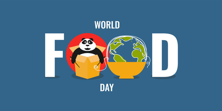 World Food day celebrate 16 october. Greeting card, poster, banner, flyer, postcard concept design. Cute panda in spaghetti box on blue background. Vector illustration - Powered by Adobe
