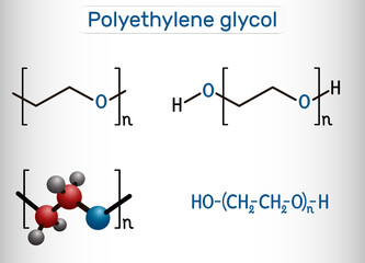 Polyethylene glycol, PEG, polyethylene oxide, PEO, polyoxyethylene, POE molecule. It is versatile polyether, E1521. Structural chemical formula and molecule model