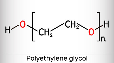 Polyethylene glycol, PEG, polyethylene oxide, PEO, polyoxyethylene, POE molecule. It is versatile polyether, E1521. Structural chemical formula and molecule model