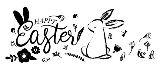  vector illustration of a hopping rabbit and spring elements in minimal style for a Happy Easter in line art and flat black colors on an isolated white background