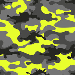 Camouflage seamless pattern. Abstract camo from gray and yellow spots. Military texture. Print on fabric on clothes. Vector illustration