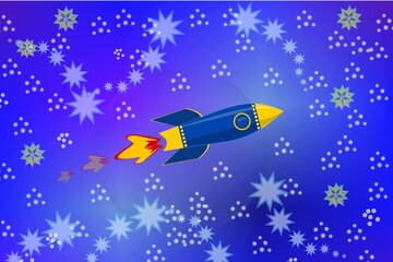 Naklejka na ściany i meble A rocket flies across the starry sky. Colorful illustration for creativity and print for the day of astronautics