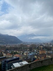 View of the city of Bellinzona, Switzerland. Panorama, mountain views.