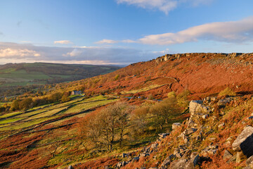Evening light in autumn over Curbar Edge, Peak District, UK
