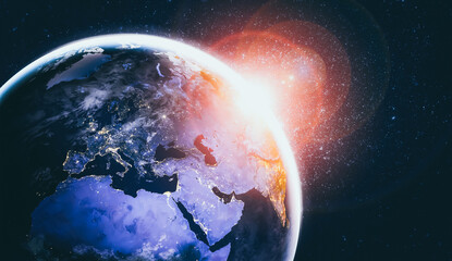 Planet earth globe view from space showing realistic earth surface and world map as in outer space point of view . Elements of this image furnished by NASA planet earth from space photos. © InfiniteFlow