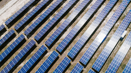 Solar panels in aerial view. Solar panels system power generators from sun