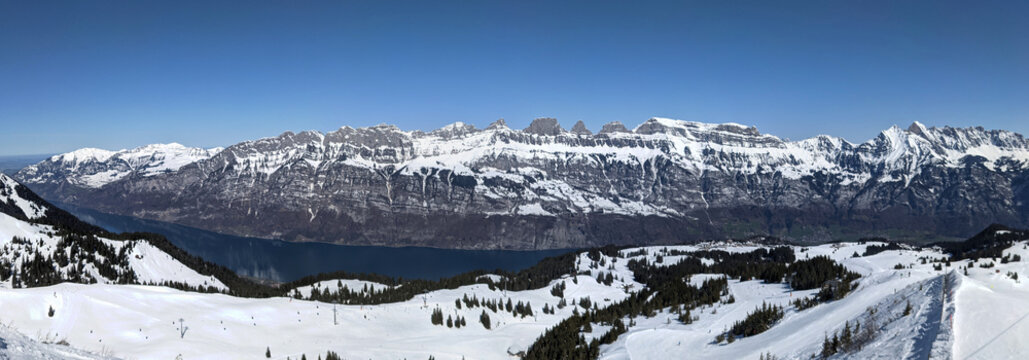 beautiful view of the churfirsten. Mountain landscape in Sarganserland. Sunny skiing day on the Flumserberg. Winter time