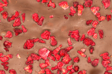 Lyophilised raspberries topping on milk chocolate. Chocolate with vibrant dehydrated raspberries on top, full-frame background