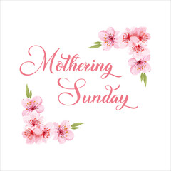 Fototapeta na wymiar Mothering Sunday banner with cherry blossoms. Pink flowers over blue painted stripes on white. Mothering Sunday greeting card template, rectangular frame border with calligraphic text vector