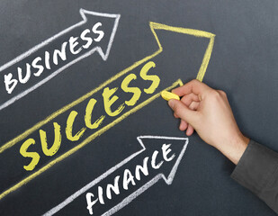 Arrows are drawn on the board, inside which there are inscriptions - Business, Finance, SUCCESS