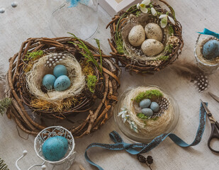 Pastel three colored easter eggs in the nest with cuckooflower in the background isolated on white