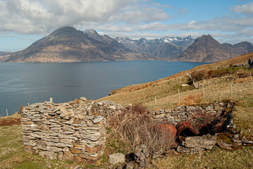 Black cuillins from elgol with an old sheepfold in the foreground